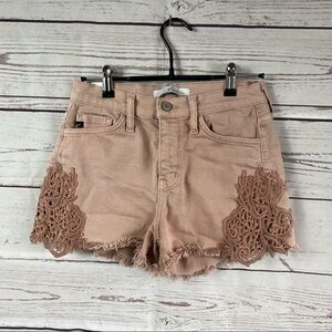KANCAN rose blush pink denim high waisted shorts with lace details Sz 26
